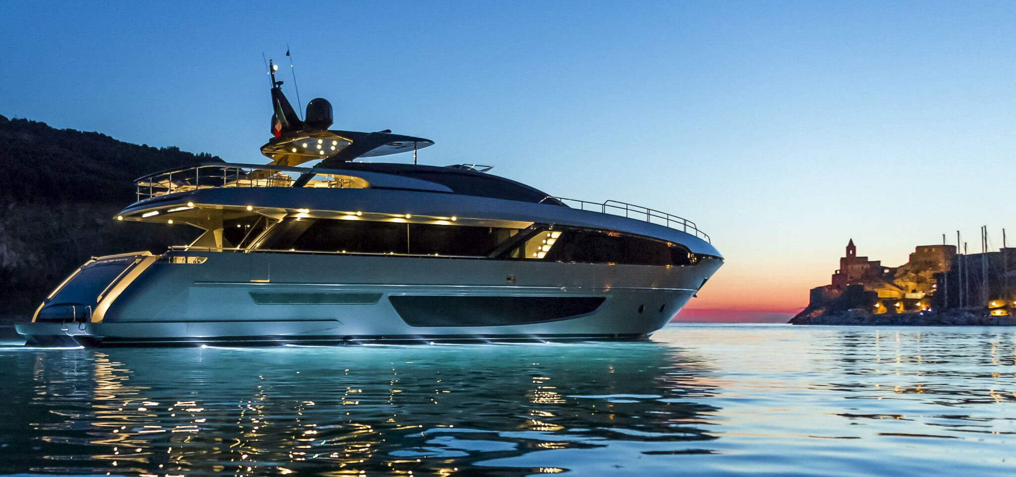 Super yacht in beautiful scenic evening waters